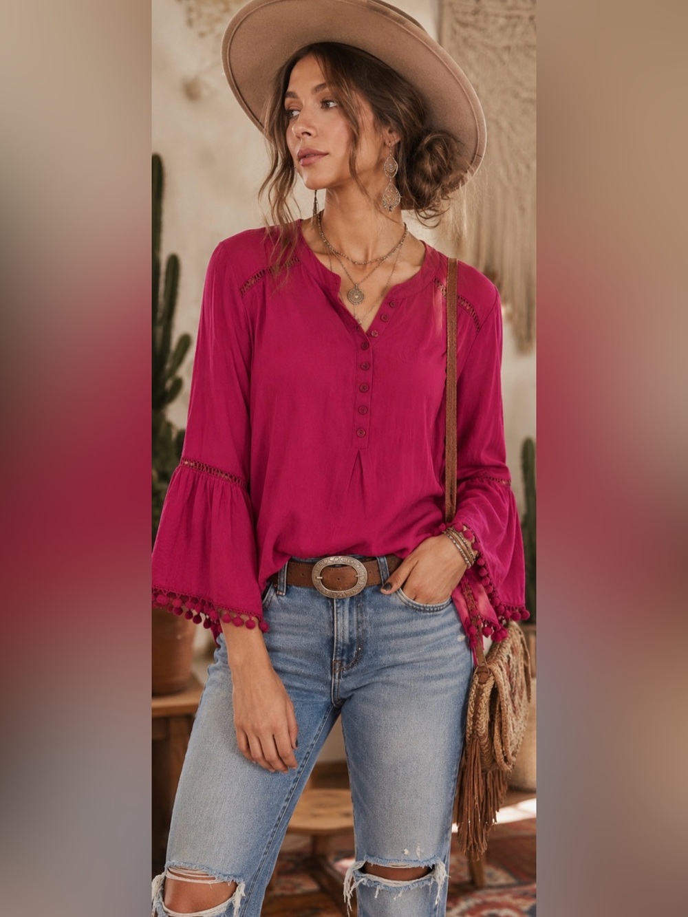 Umgee Boho Cranberry Peasant Blouse Large Bell Sleeve Crochet Trim Top